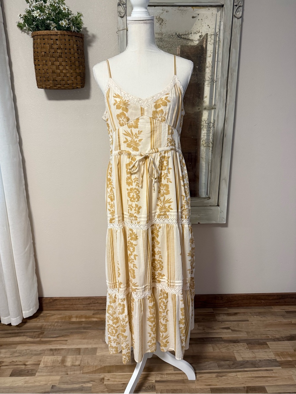 Roxy Yellow and Cream Floral Tiered Maxi Dress
